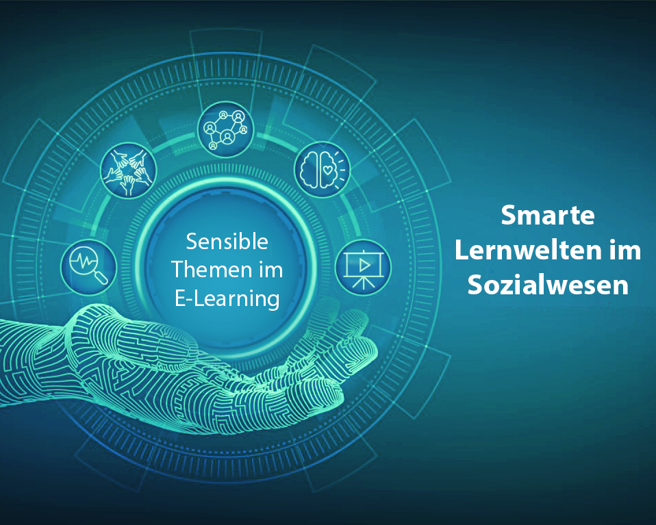 Bildtitel: Smarte Lernwelten im Sozialwesen. Eine in digitalem Design abstrahierte Hand, die einen Kreis hält. In der Mitte des Kreises steht: Sensible Themen im E-Learning.